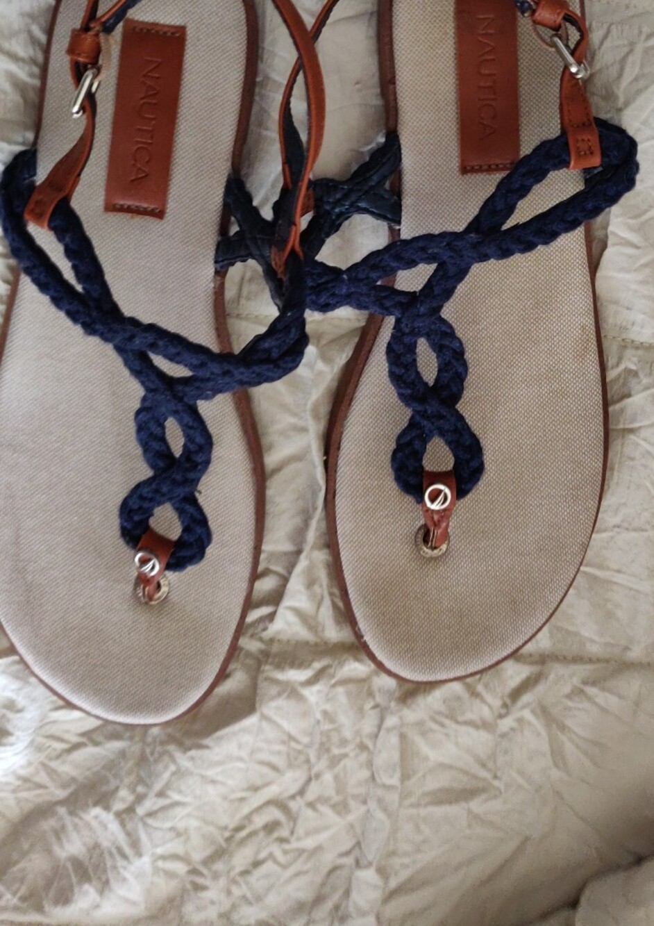 Nautica Fisherman Braided Rope Navy Beige/Tan Linen Sandals 9